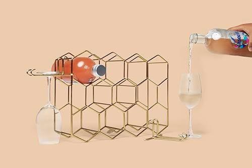 Melvvi Gold Wine Rack with 2 Glasses 14 Bottle Storage