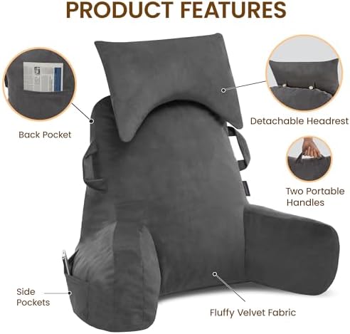 Unisakey Reading Pillow with Headrest and Pockets