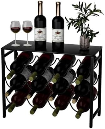 12 Bottles Waved Standing Floor Wine Rack Organizer Black