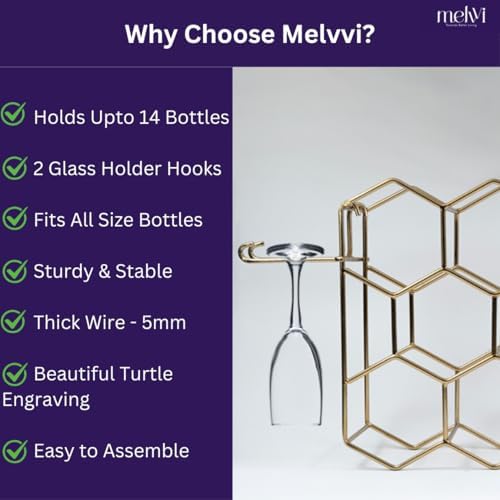 Melvvi Gold Wine Rack with 2 Glasses 14 Bottle Storage