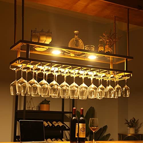 2-Layer Industrial Wine Rack with Adjustable Metal Ceiling Mount and LED Lights