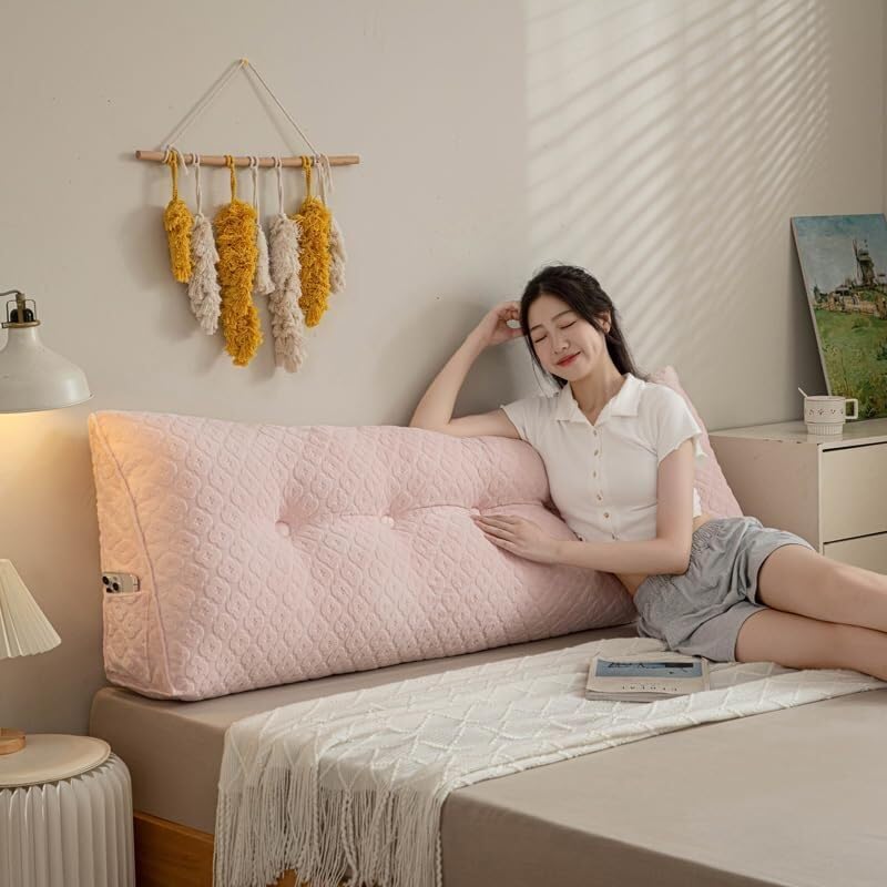 Pink Fleece Wedge Headboard Pillow for Reading and Support