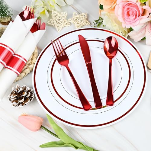 100Pack Red Pre-Rolled Plastic Cutlery Set with Napkins