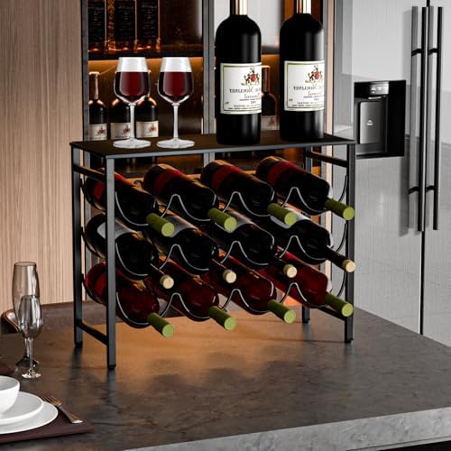12 Bottles Waved Standing Floor Wine Rack Organizer Black