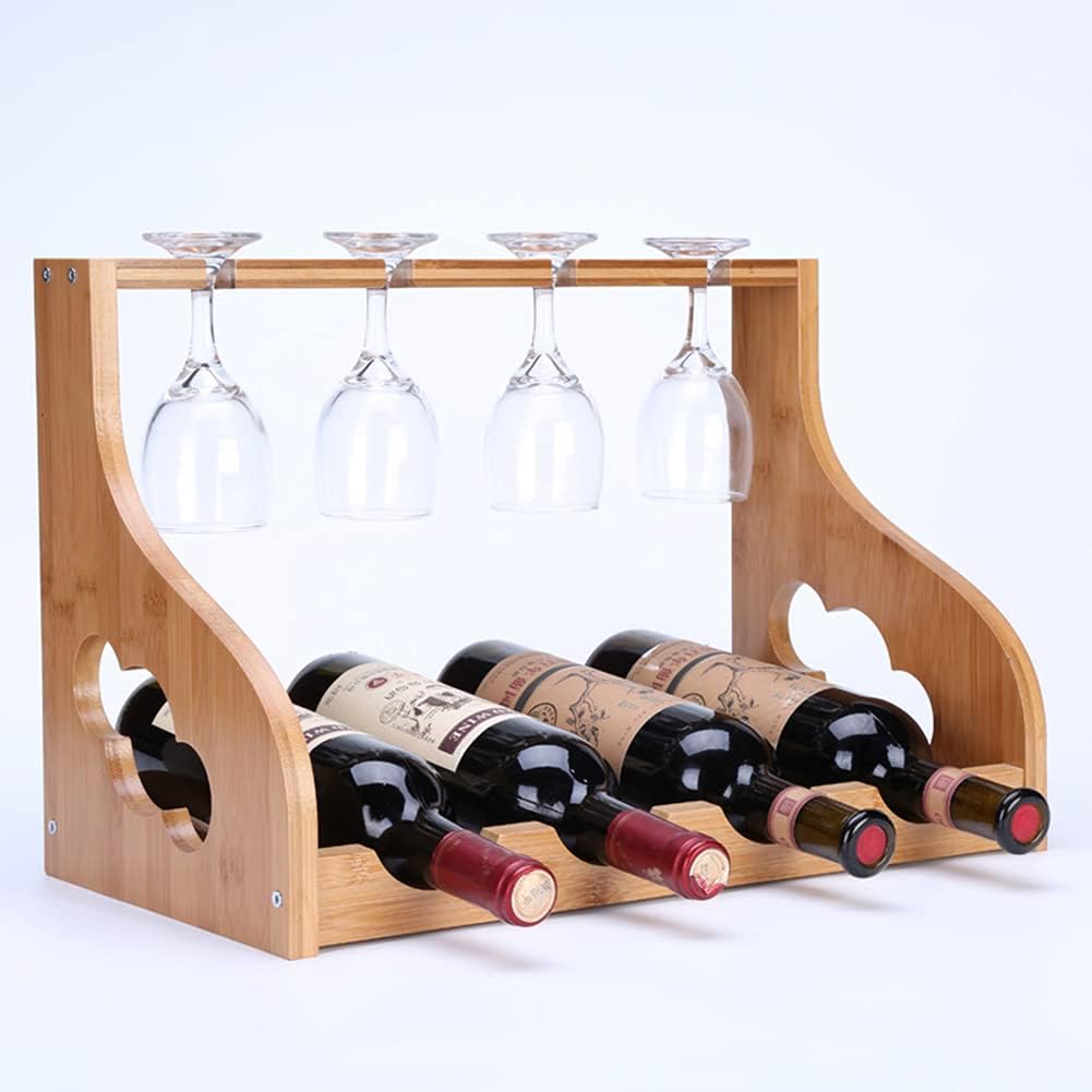NWB Bamboo Wine Rack with Glass Holder 4 Bottles 4 Glasses