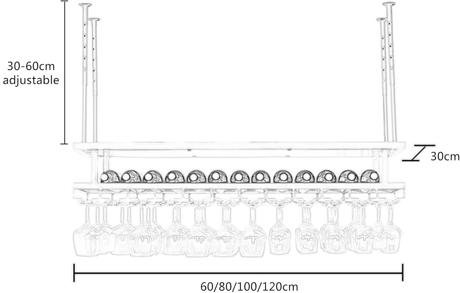 2-Layer Industrial Wine Rack with Adjustable Metal Ceiling Mount and LED Lights
