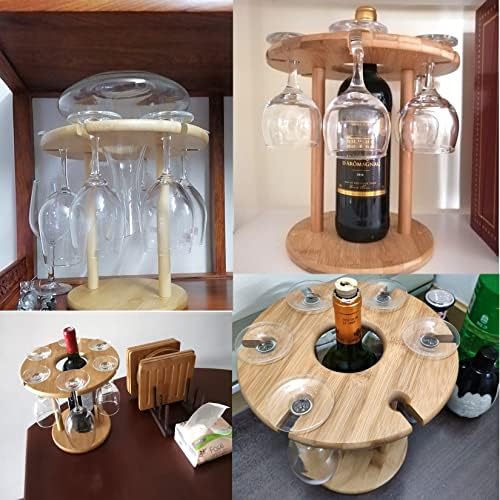WORDFUN Bamboo Wine Holder with 6 Glasses
