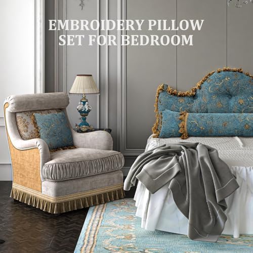 Rucener Euro Headboard Pillow Queen Size Blue with Gold Design