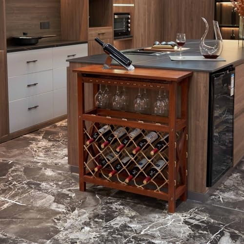 BGTR 32 Bottle Freestanding Wine Rack Rustic Style for Kitchen and Pantry