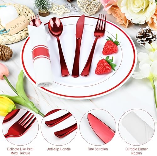 100Pack Red Pre-Rolled Plastic Cutlery Set with Napkins