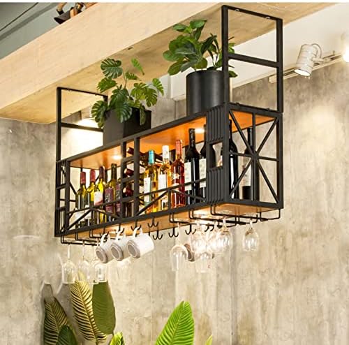 Ceiling Wine Rack with Wood and Iron Construction