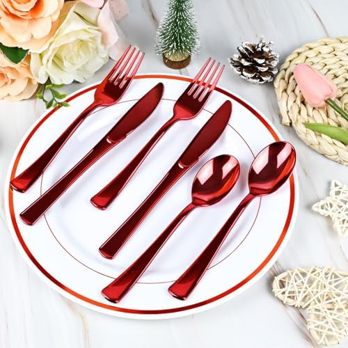 100Pack Red Pre-Rolled Plastic Cutlery Set with Napkins