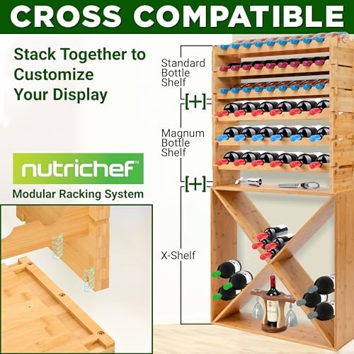 NutriChef Bamboo 8-Tier Wine Rack 72 Bottle Capacity Free Standing