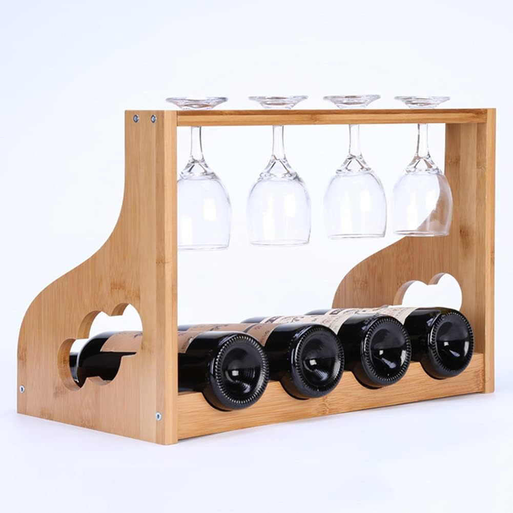 NWB Bamboo Wine Rack with Glass Holder 4 Bottles 4 Glasses