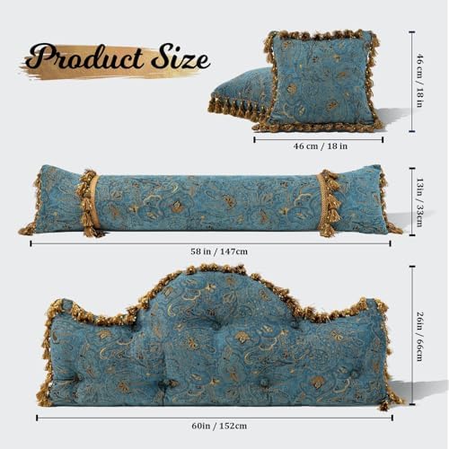 Rucener Euro Headboard Pillow Queen Size Blue with Gold Design
