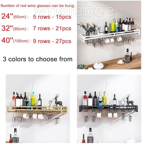 Whalebee Wall Mounted Wine Glass Rack 60cm 80cm 100cm 5 7 9 Rows