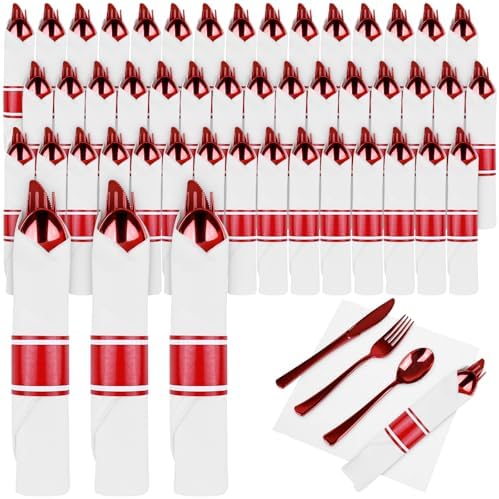 100Pack Red Pre-Rolled Plastic Cutlery Set with Napkins