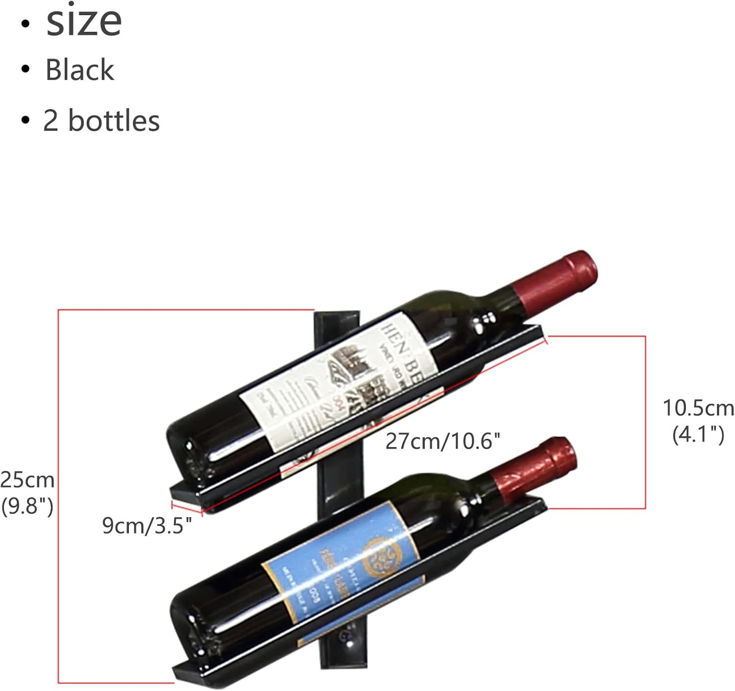Modern Wall-Mounted Wine Rack with 2 Bottles Black