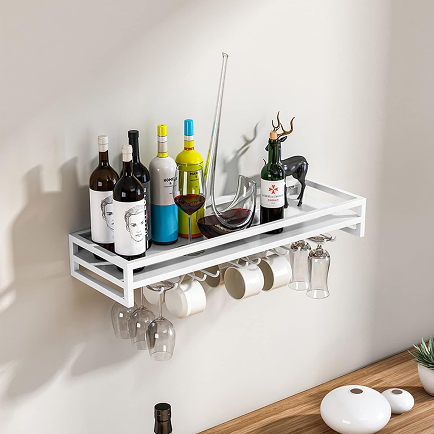 Suuim Wall-Mounted Wine Holder with Stemware and Bottle Racks White