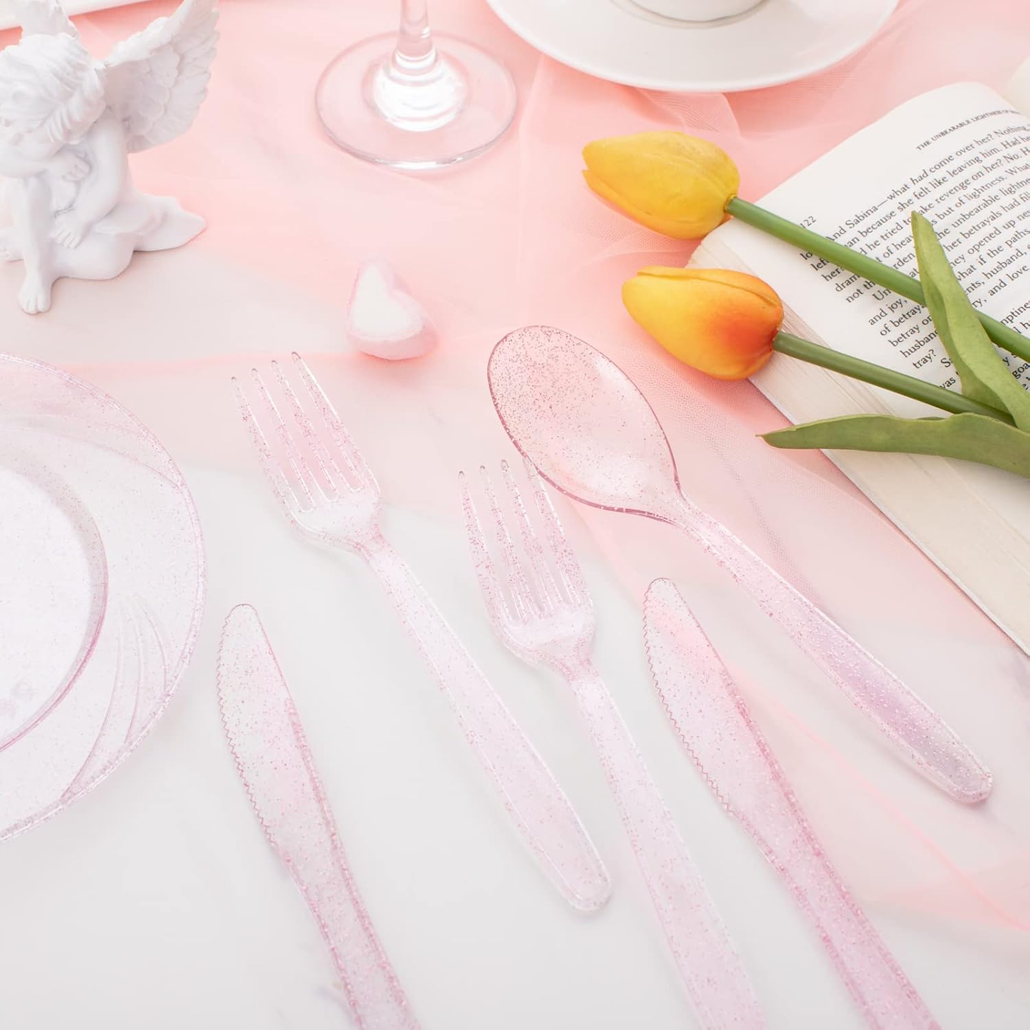 WDF 360 Pink Glitter Plastic Cutlery Set 1