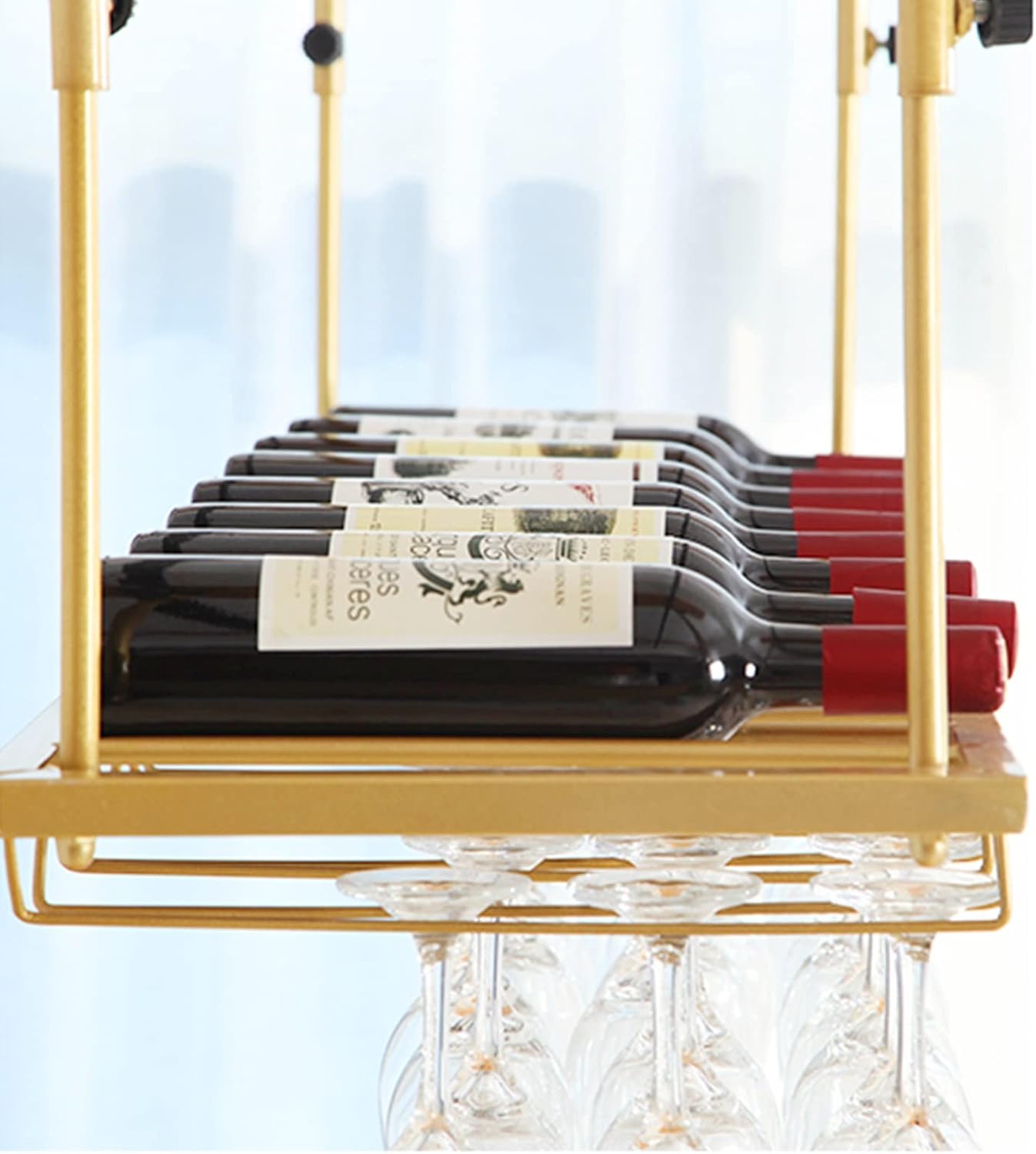 Sturdy Iron Wine Rack with Adjustable Holder and Decorative Shelf