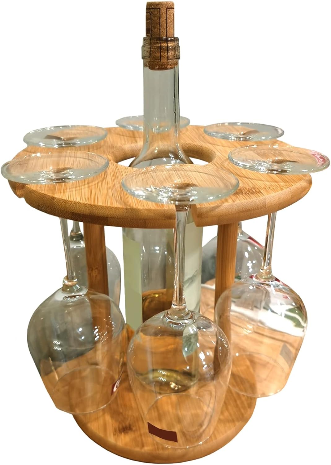 WORDFUN Bamboo Wine Holder with 6 Glasses