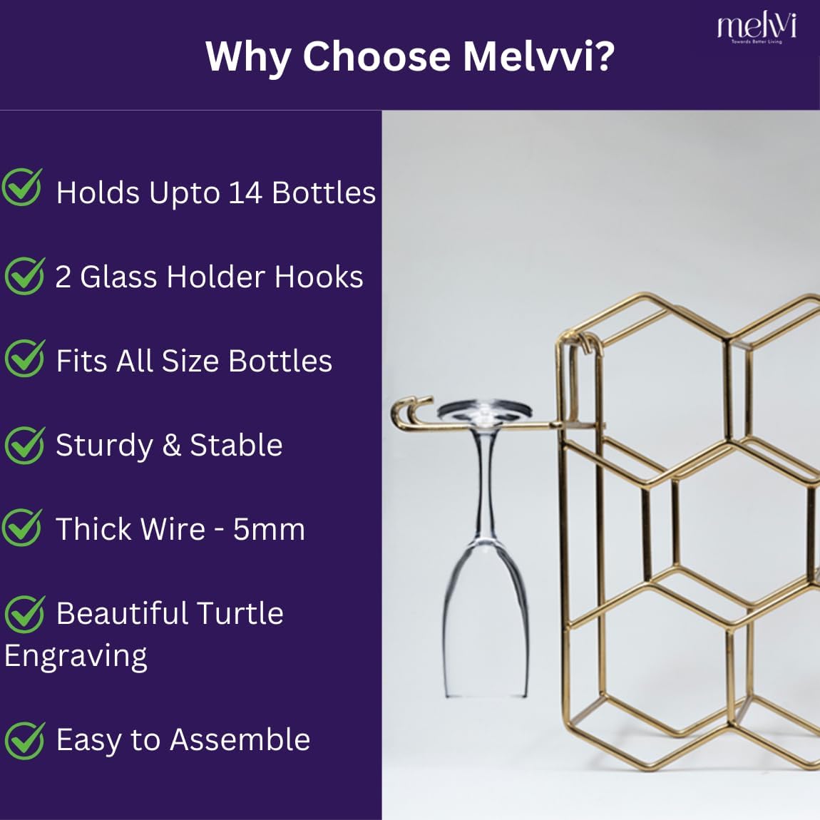 Melvvi Gold Wine Rack with 2 Glasses 14 Bottle Storage