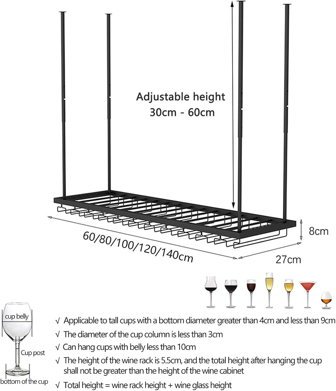 Adjustable Under Cabinet Wine Glass Holder with Stemware Storage Rack