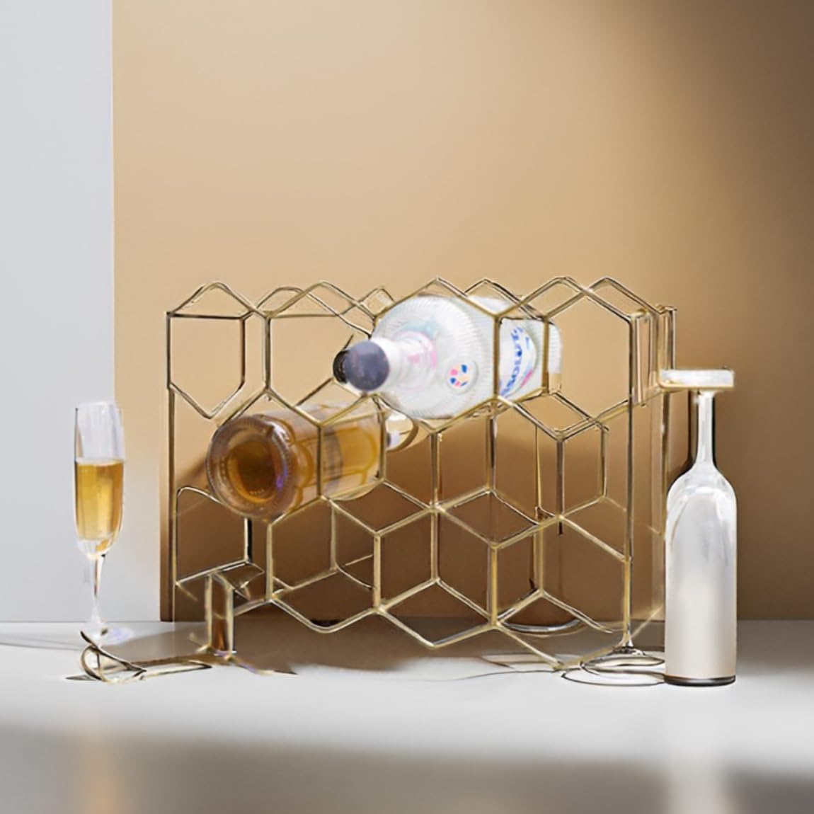 Melvvi Gold Wine Rack with 2 Glasses 14 Bottle Storage