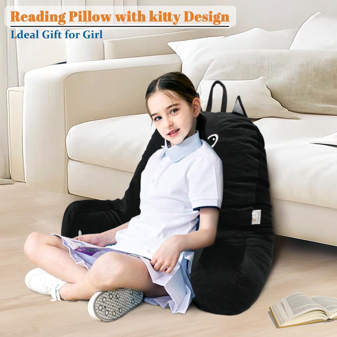 SUNSIDE Kitty Reading Pillow with Memory Foam and Zipper Cover