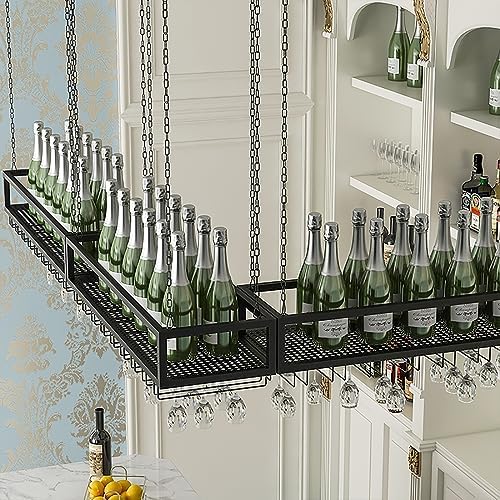 SDdPulse Hanging Wine Rack With Glass Holder And Adjustable Shelf