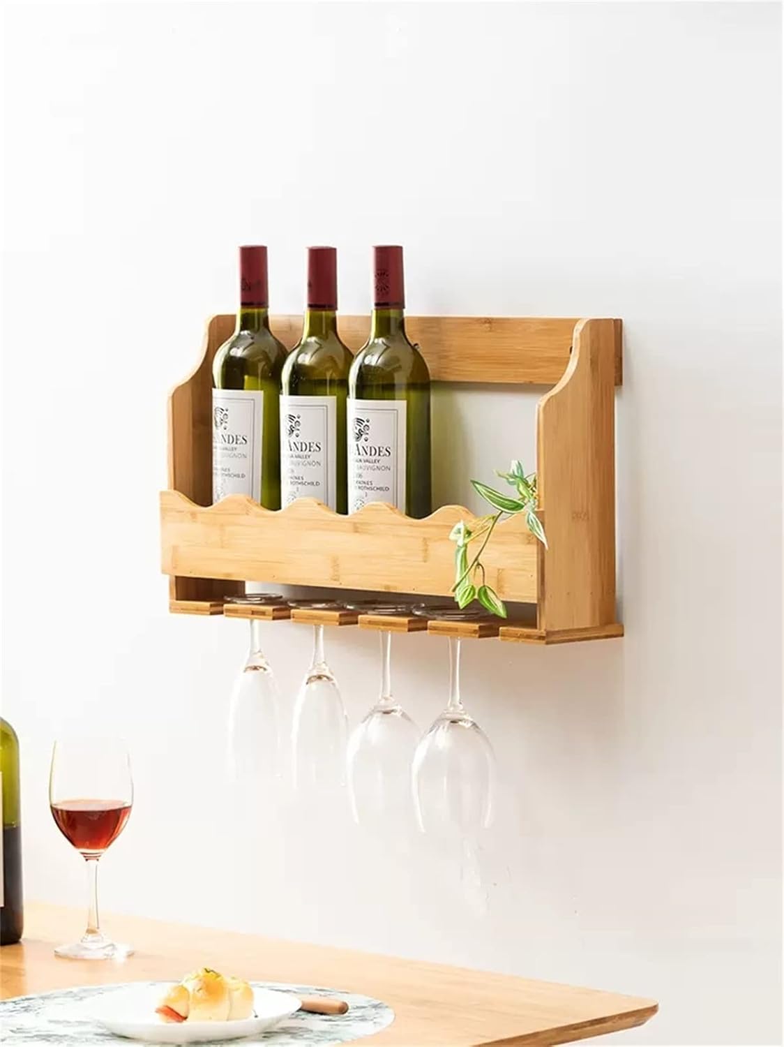 Meiiron Bamboo Wine Rack 5-Bottle Display with Glass Holder