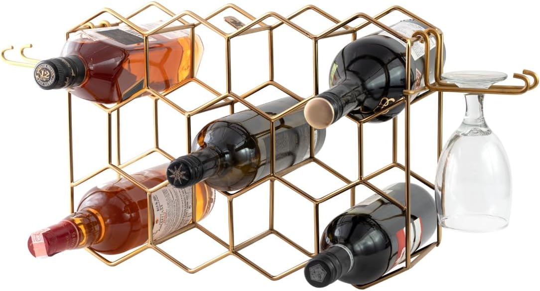 Melvvi Gold Wine Rack with 2 Glasses 14 Bottle Storage