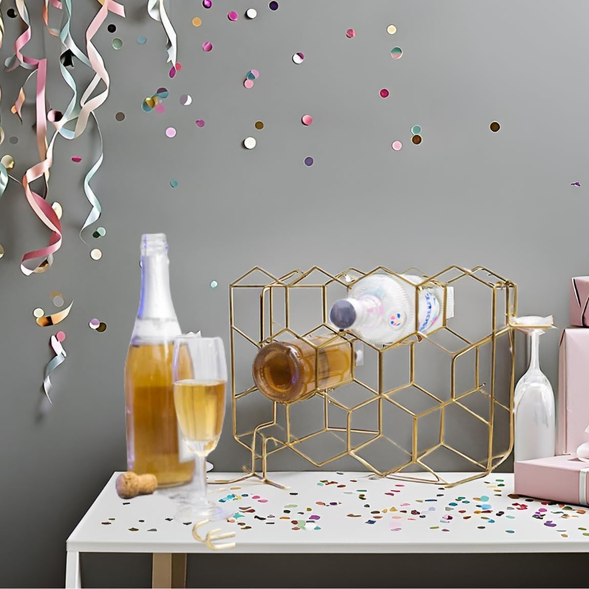 Melvvi Gold Wine Rack with 2 Glasses 14 Bottle Storage