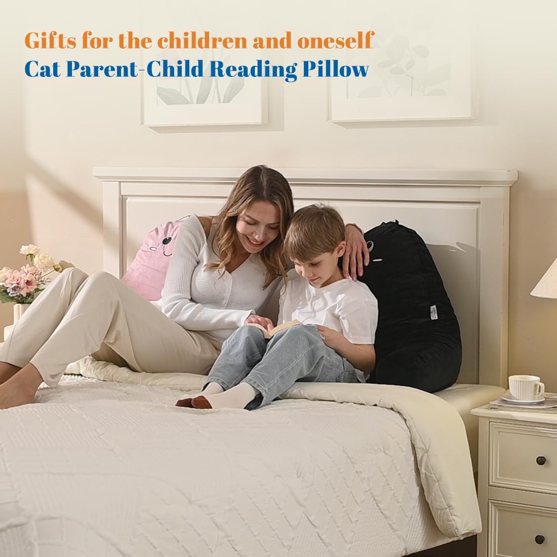 SUNSIDE Kitty Reading Pillow with Memory Foam and Zipper Cover