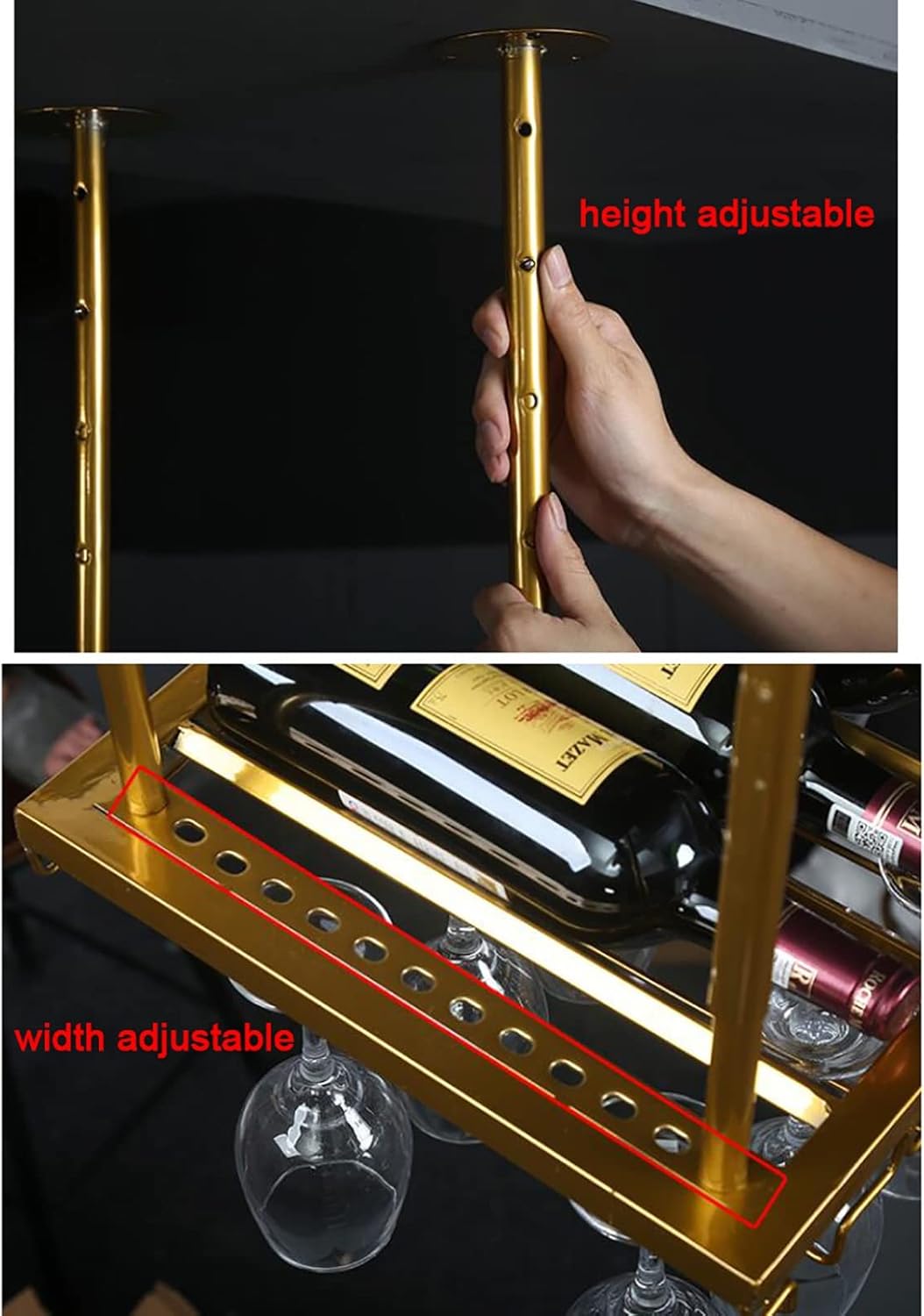 ULAINE Ceiling Metal Wine Rack with Height Adjustment - Gold 60cm