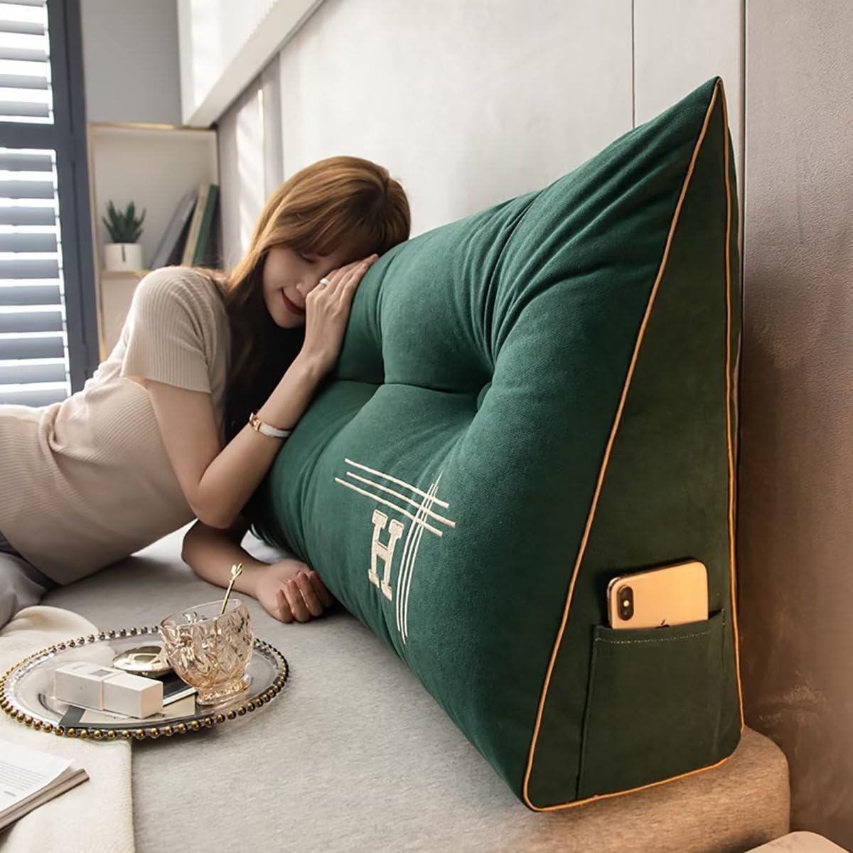 TESICA Wedge Pillow with Headboard Design Brown Grey Twin Size