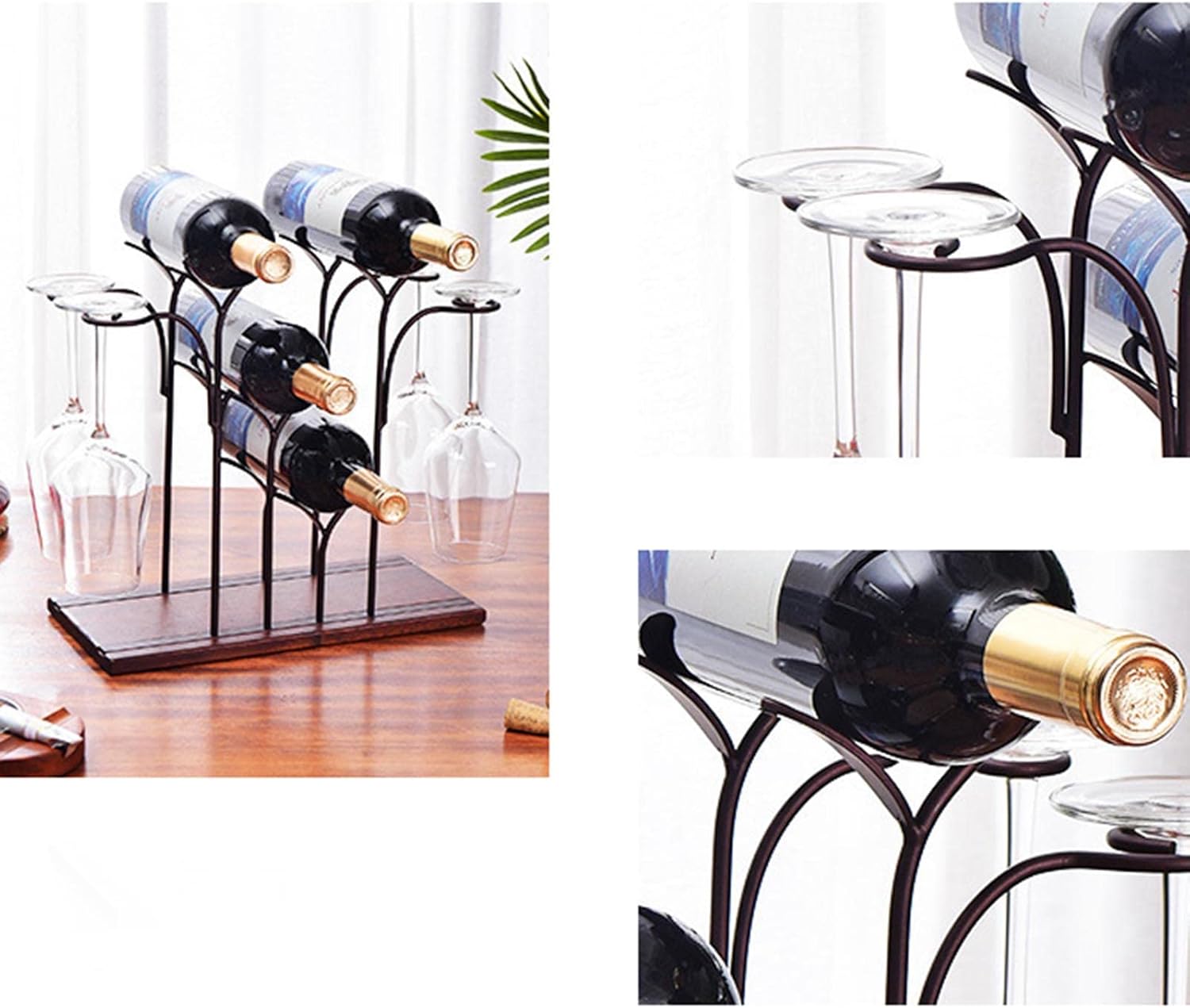 JUSHZ Freestanding Wine Rack Wooden Holder with Wrought Iron Frame