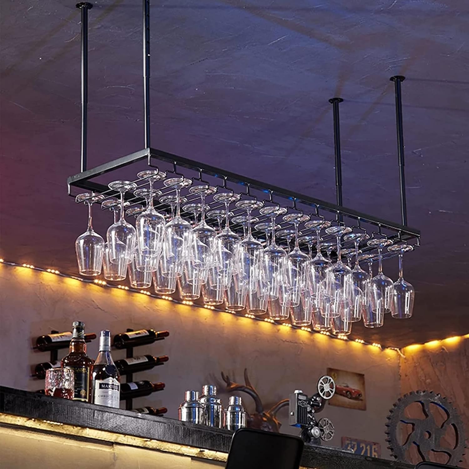 Adjustable Ceiling Wine Glass Rack - 118-236In Black Metal Holder
