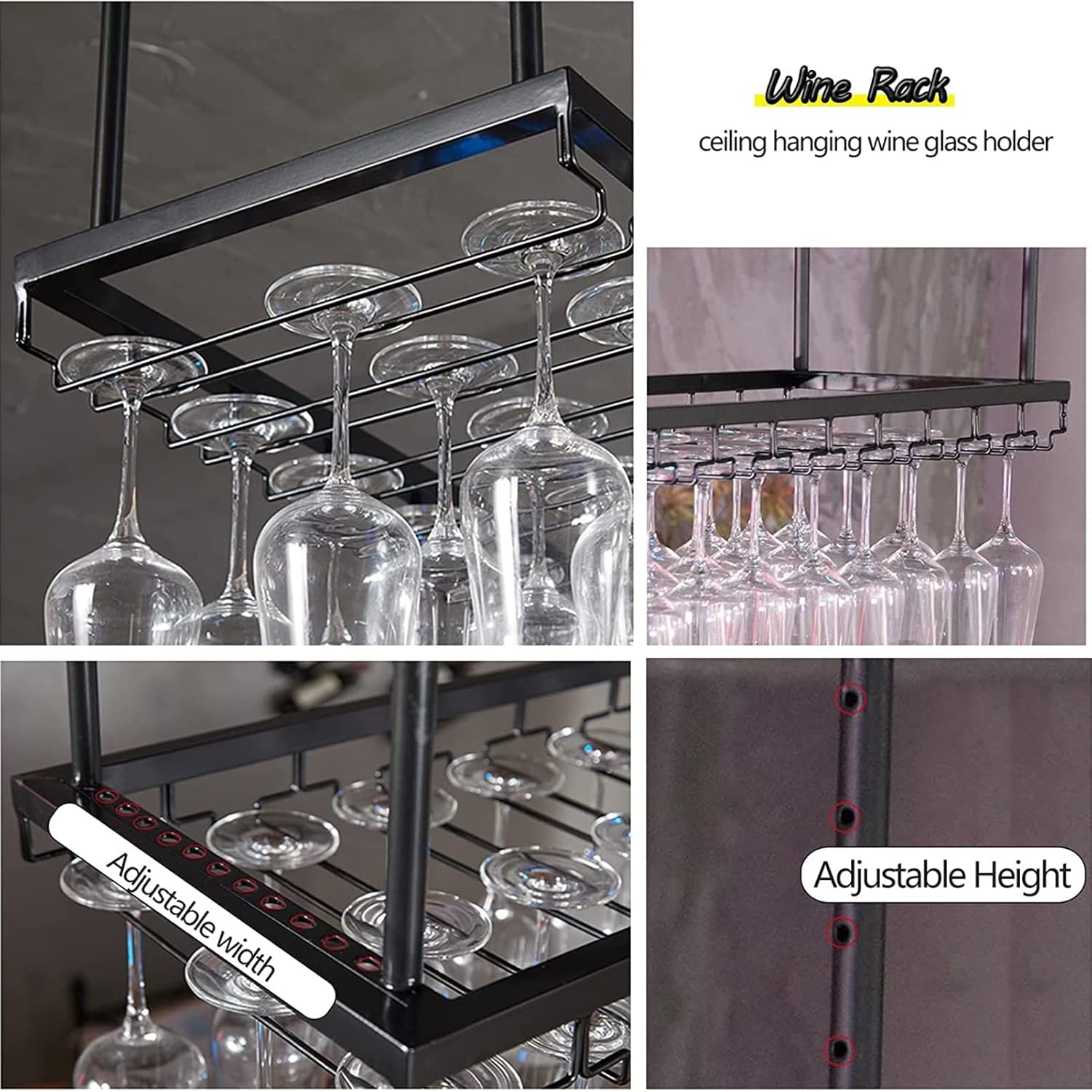 Adjustable Ceiling Wine Glass Rack - 118-236In Black Metal Holder