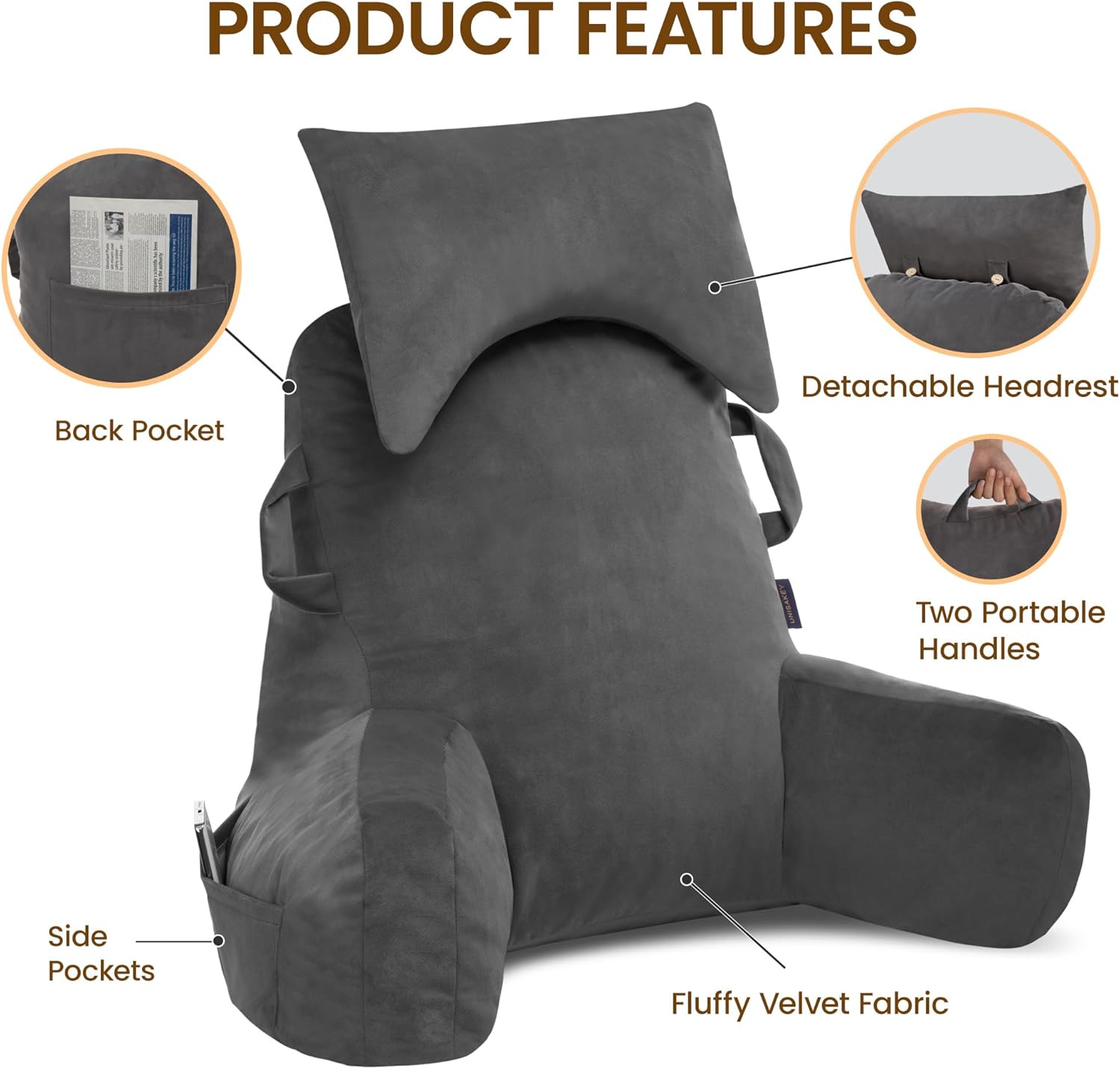 Unisakey Reading Pillow with Headrest and Pockets