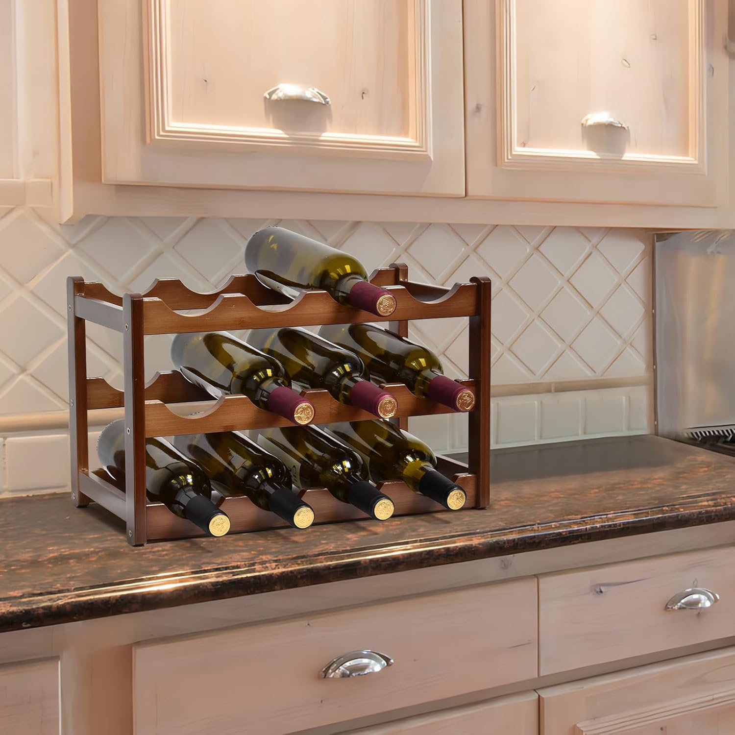 IWNTWY 12-Bottle 3-Tier Freestanding Wine Rack Brown