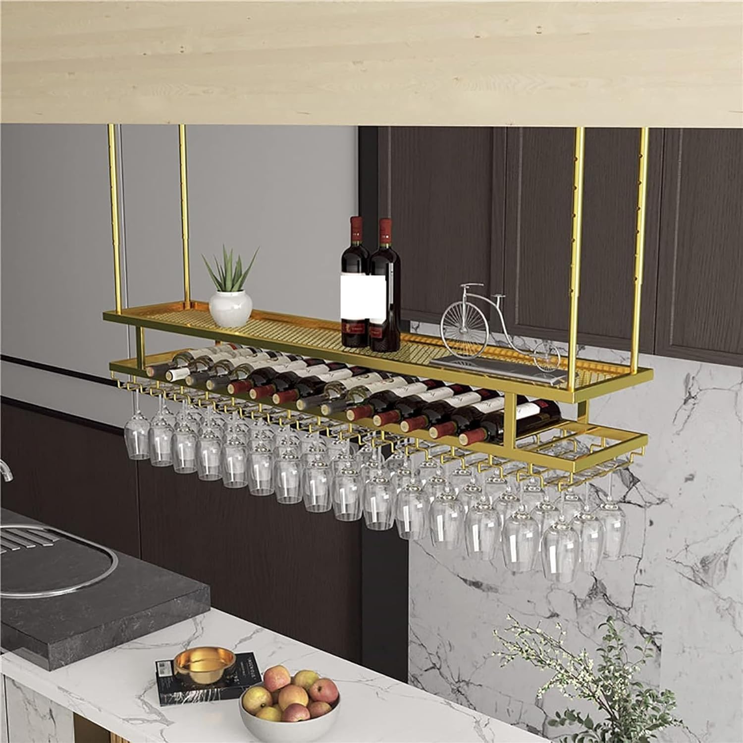 FAFACAI 2-Tier Wine Rack Ceiling Holder with Iron Design