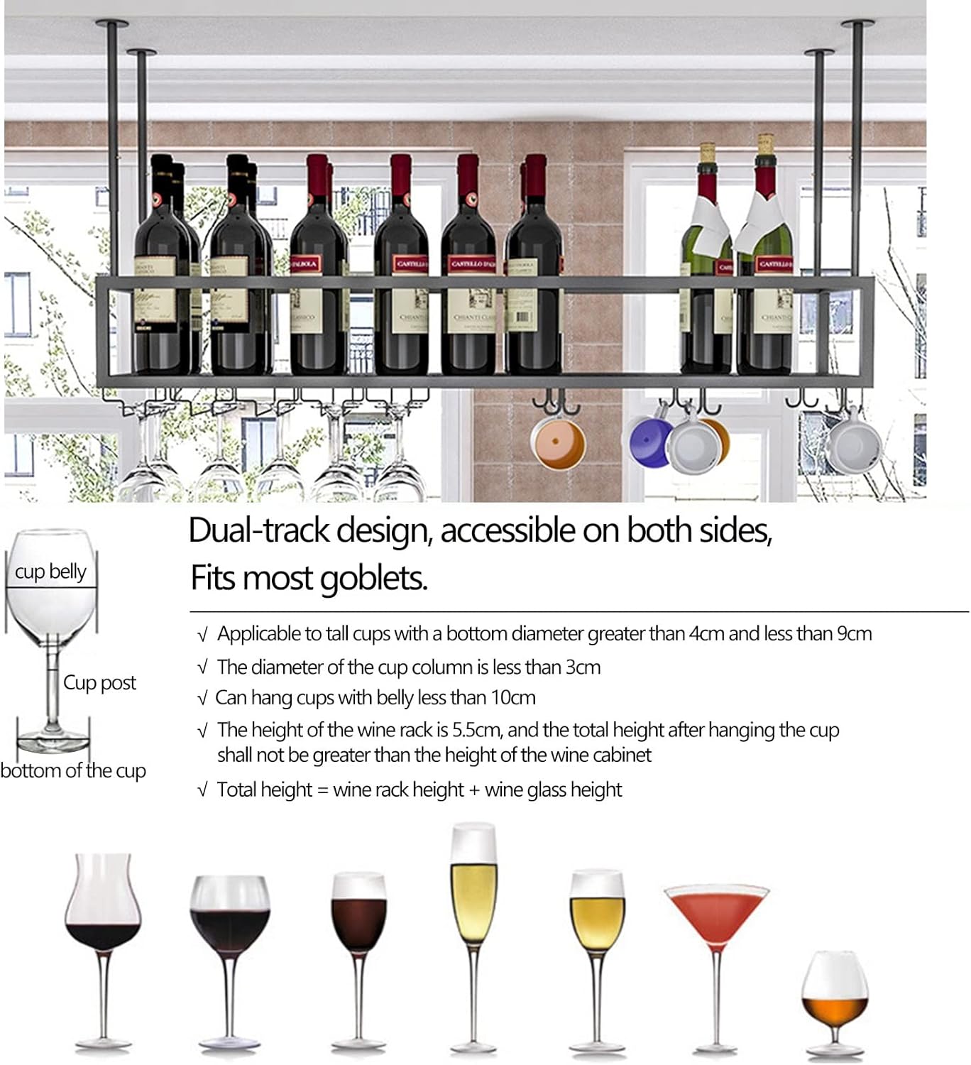 Adjustable Wine Glass Holder with Ceiling and Cabinet Storage