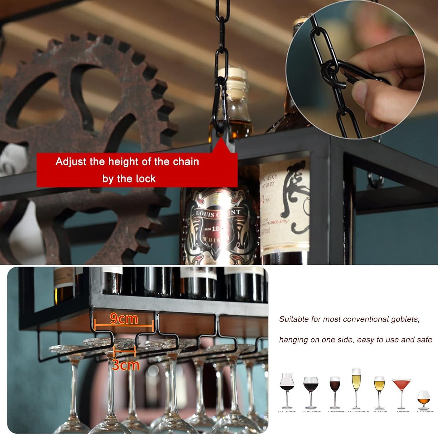 MaGiLL Wall-Mounted Wine Rack with Iron Chain and Glass Holder
