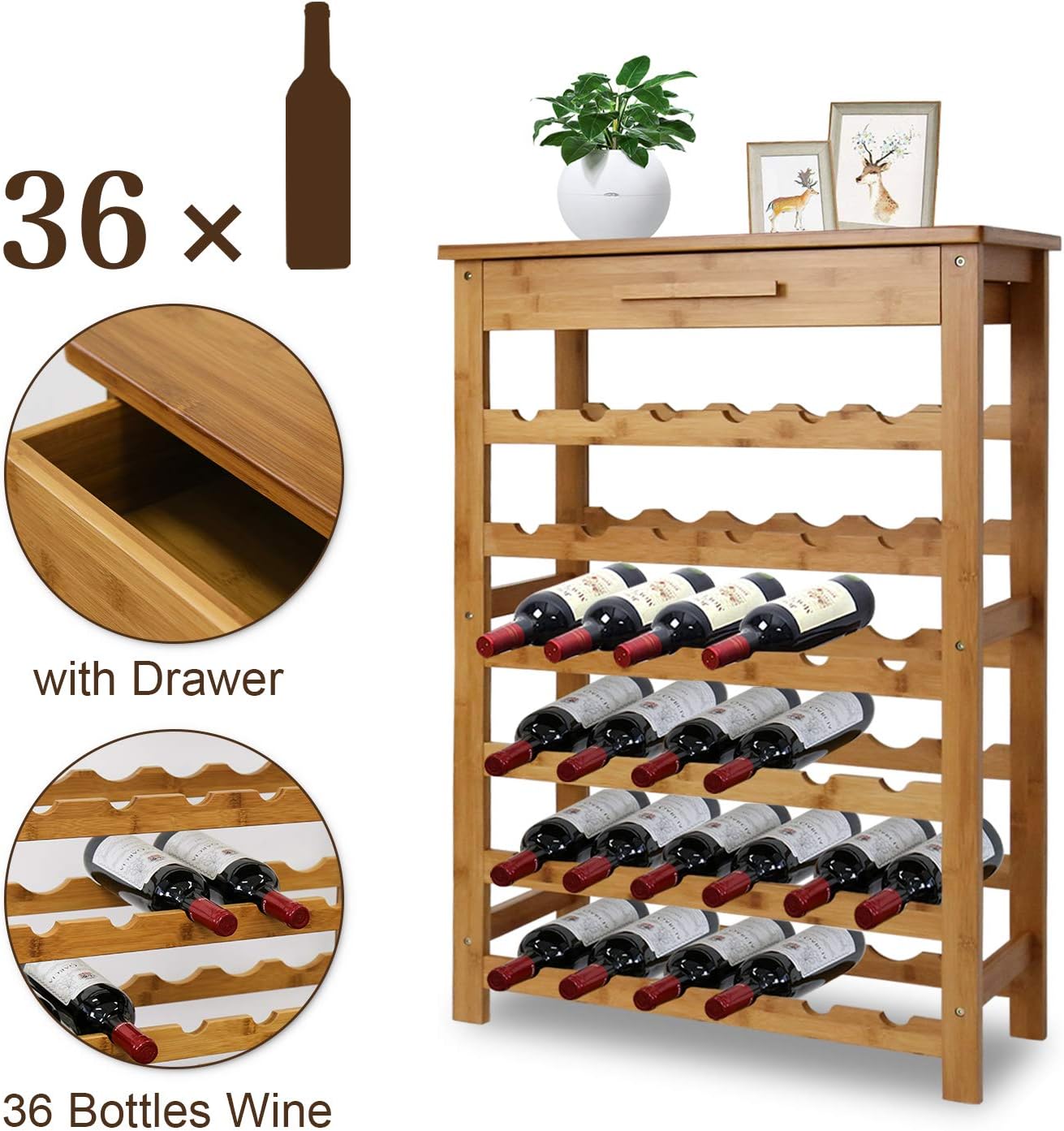 Kinlife Bamboo 6-Tier Wine Rack with Drawer