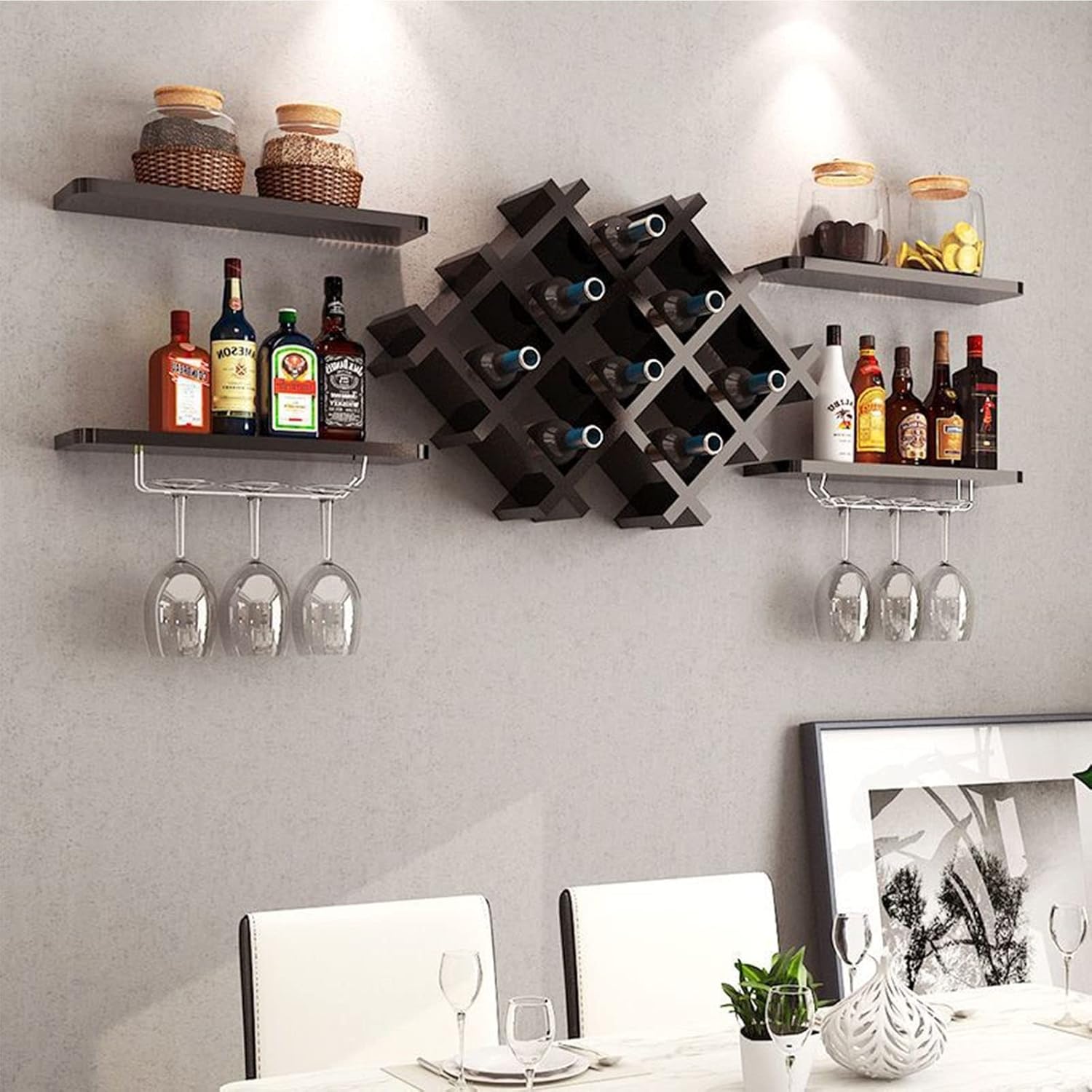 Suuim Wall Shelves - Solid Wood Wine Rack with Glass Holder