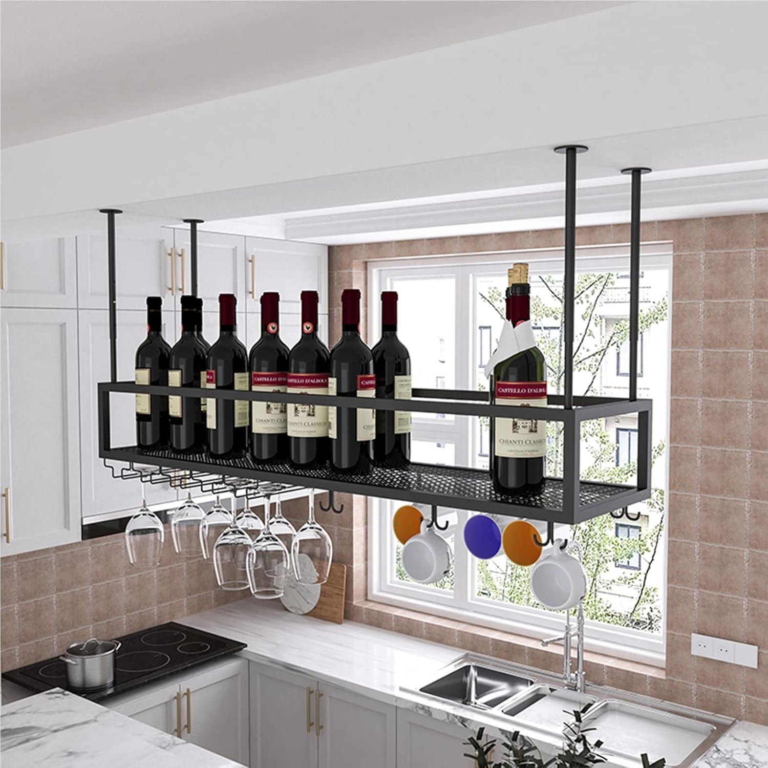 Adjustable Wine Glass Holder with Ceiling and Cabinet Storage