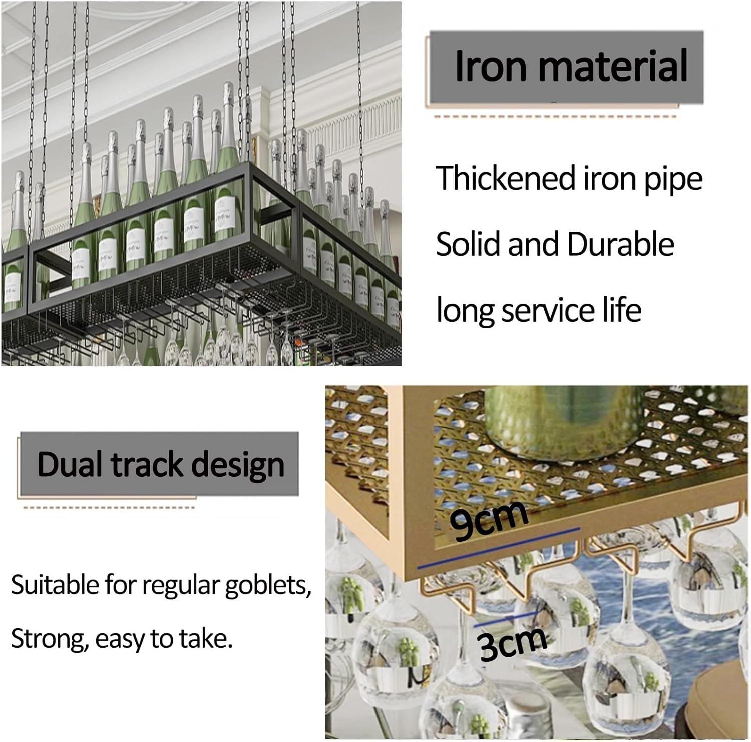 SDdPulse Hanging Wine Rack With Glass Holder And Adjustable Shelf