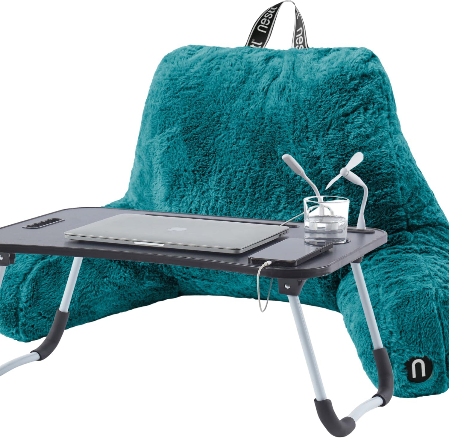 Nestl Teal Faux Fur Reading Pillow with Lap Desk